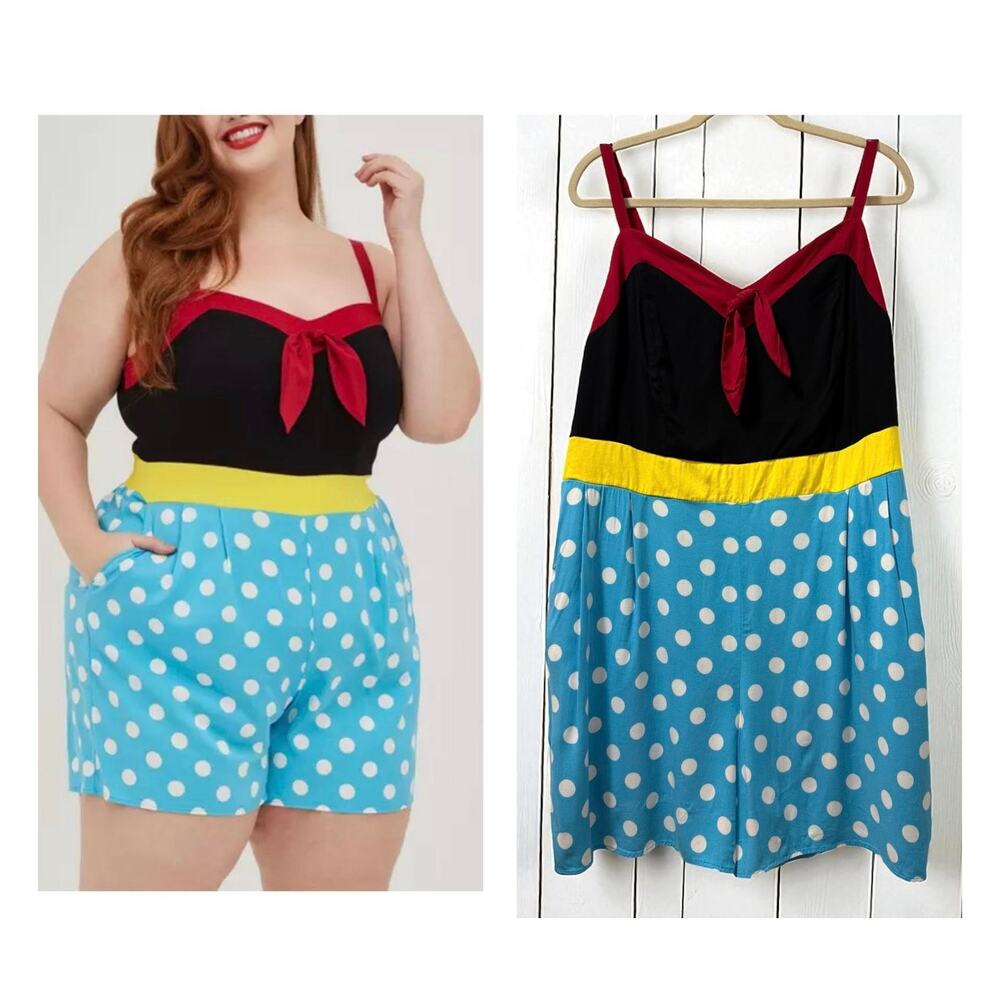 Torrid Plus Size 3 Disney Minnie Mouse Polka Dot Tie Front One Piece Tank Romper